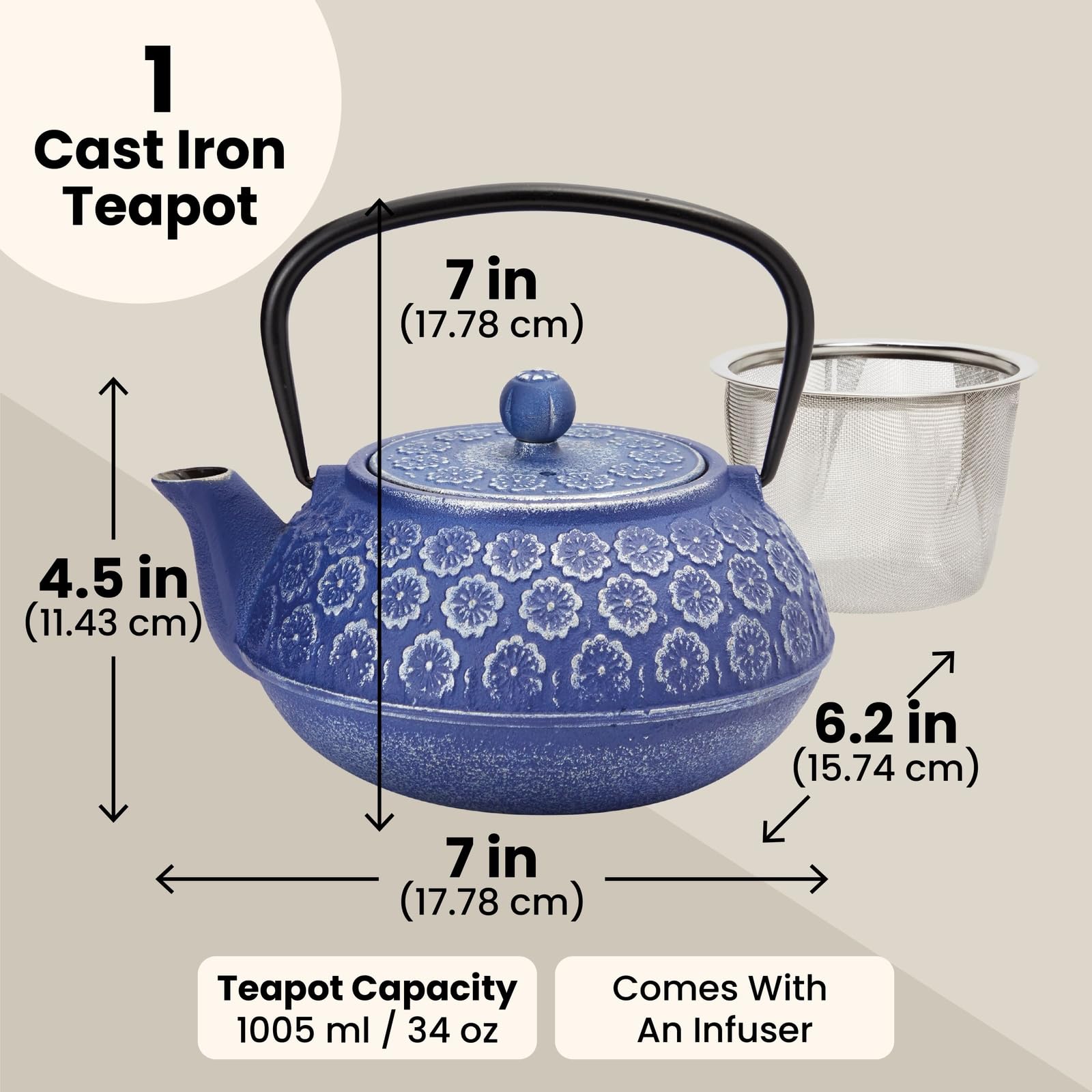 Japanese Cast Iron Teapot with Infuser for Loose Leaf and Tea Bags  Kettle Includes Handle and Removable Lid (Blue  34oz)